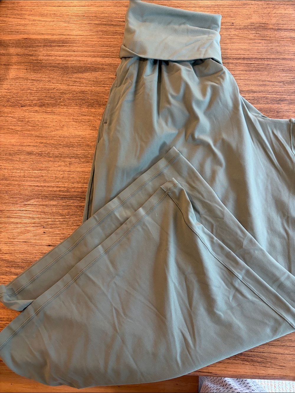 Wide-Leg Foldover Waist Pants in Olive Green